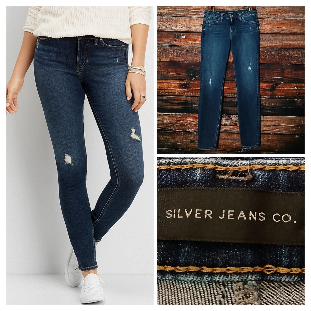 Silver Jeans 30 Most Wanted Skinny Mid Rise Distressed Dark Wash Denim Stretch